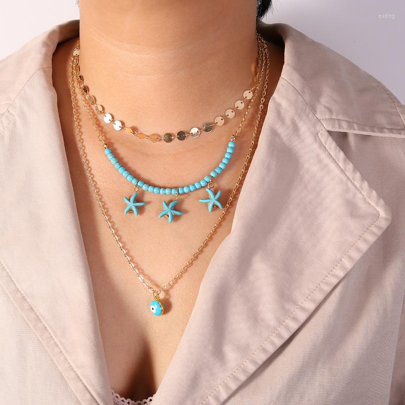 

Chains BM631 Fashion Multi Layer Gold Chain Necklace With Turquoise Starfish
