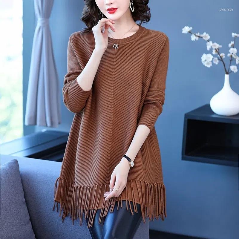 

Women's Sweaters Women's Knitted Sweater Pullover 2022 Autumn Winter Spring Loose Long Coat Korean Round Neck Tassel Knitting Dress, Green