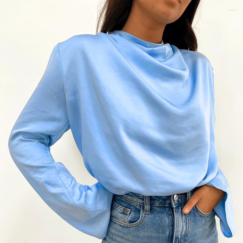

Women' Blouses Autumn Silk Satin Tops Blouse Solid Color O-neck Folds Flare Long Sleeve Loose Gentle Elegant 2022 Fashion Women, Green