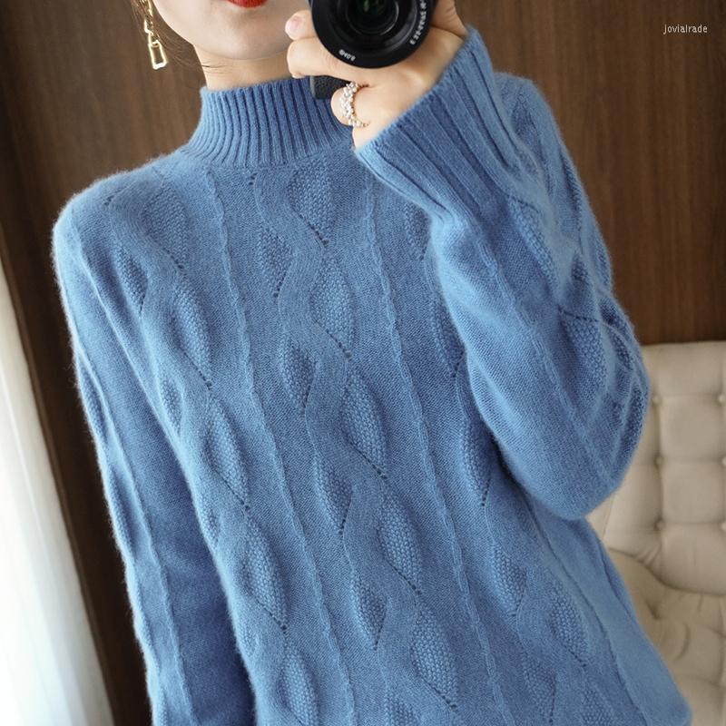 

Women's Sweaters Cashmere Autumn And Winter Half-High Neck Women's Pullover Twisted Loose Thin Wool Knit Sweater Lazy Top, Green