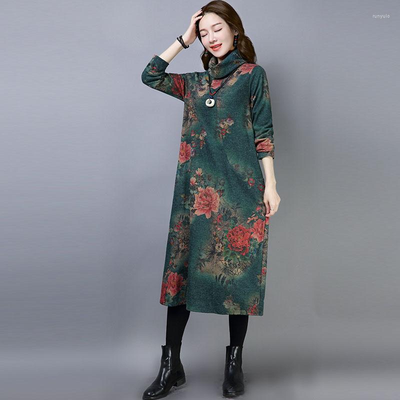 

Casual Dresses 2022 Autumn Winter Women Dress Vintage Loose Thick Wollen Printing Long Vestidos Robe Bottoming, Navy
