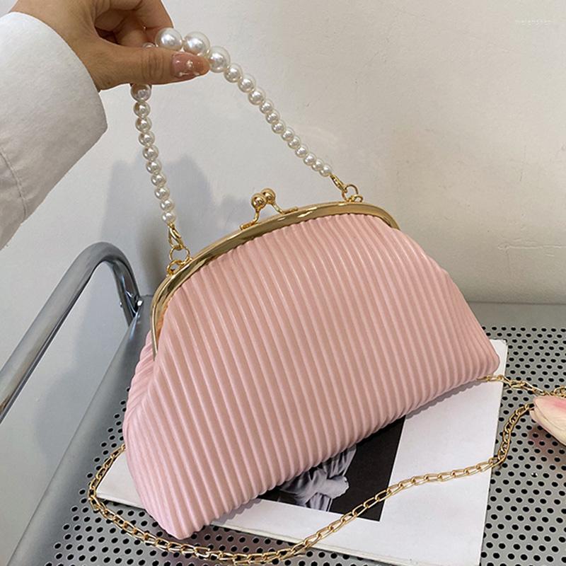 

Evening Bags 2022 Brand Women Clip Shell Shoulder Bag Designer Pearl Chain With String Lady Phone Case Envelopes For Party, Brown.