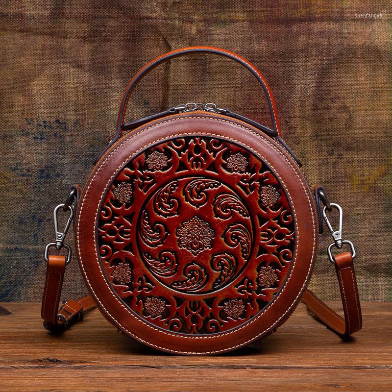 

Evening Bags EUMOAN Ladies Round Bag Leather Vintage Handbag Top Layer Cowhide Single Shoulder Embossed Carving Craft