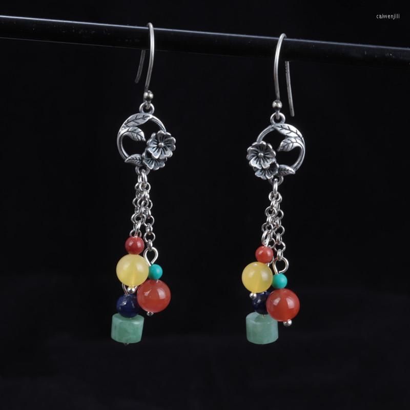 

Dangle Earrings Retro Ethnic 925 Silver Long Tassel Chain Women Red Agate Beeswax Lapis Lazuli Jade Beads Drop Jewelry EH172