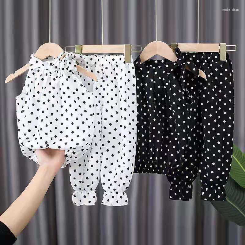 

Clothing Sets Girls Clothes Set Polka Dot Kids Summer Chiffon Fashion Shirt And Pants Ruffle Children Suit, Black
