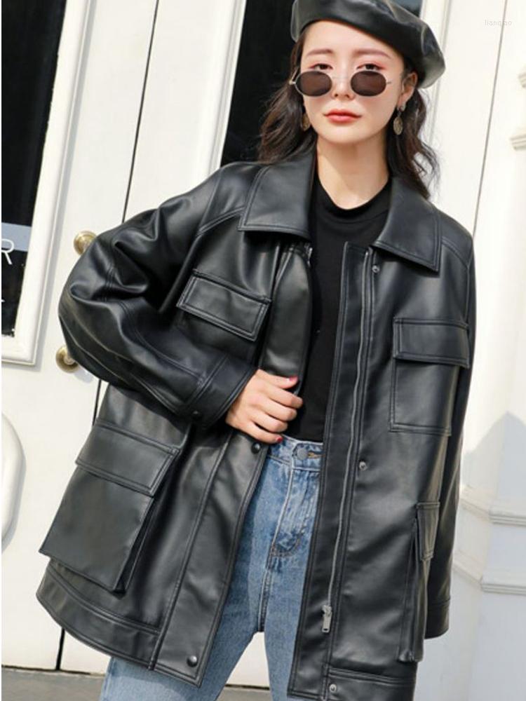 

Women' Leather Four Big Pocket Chic Loose Design Biker BF Vintage Women Lady Pu Jacket Moto 2023 Spring Autumn DF305, Black