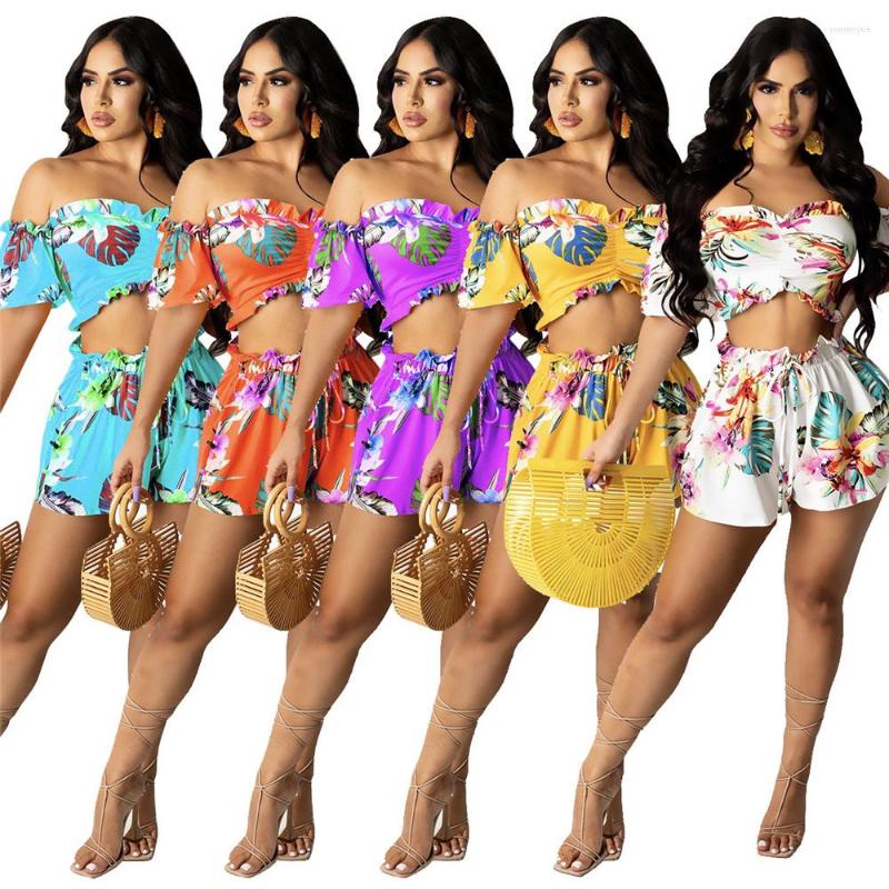 

Women' Tracksuits Sexy Summer Woman On The Beach Clothes Strapless Short Sleeves Crop Top Print Casual Fashion Lace Up Shorts Two Piece Set, Blue