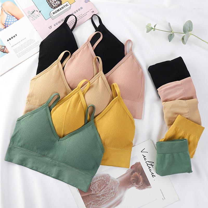 

Bras Sets Q 2022 2Pcs Bra Set Women Bikinis Sexy G-String Seamless Panties Underwear Bralette Female Soft Lingerie Tank Crop Top, Green