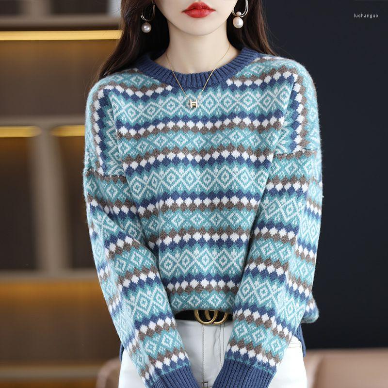 

Women' Sweaters Autumn Winter Warm Loose Striped Knitted Casual Fashion Long Sleeve O-Neck Women Jacquard Geometric Jumpers Pullovers, Green