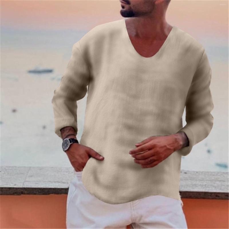 

Men's Casual Shirts Autumn Spring Men's Daily Top Linen Brief Breathable Comfy Solid Long Sleeve T-shirt Vacation Loose Shirt Hommes, Red