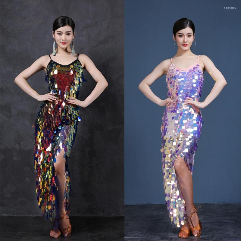 

Stage Wear Sexy Women Big Sequin Latin Dance Dress Ladies Dancing Costumes Night Club Dancewear Set Competition Latino Long Dresses, Black