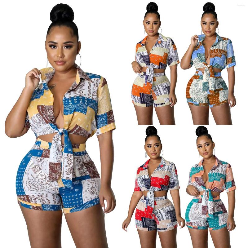 

Women' Tracksuits Women' Print Patchwork Short Sleeve Two Piece Sets Summer Fashion Strappy Lapel Shirts And Shorts Outfit Female, Orange