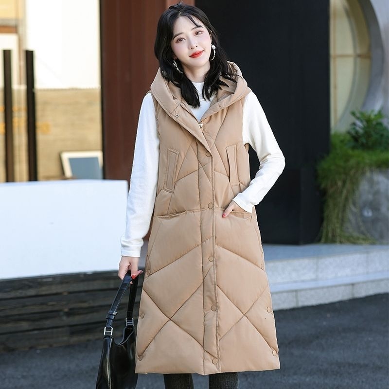 

Women's Vests Autumn Winter Women Hooded Vest Loose Cotton Long Casual Sleeveless Jacket Female Thick Warm Windproof Waistcoat 221202, Creamy-white