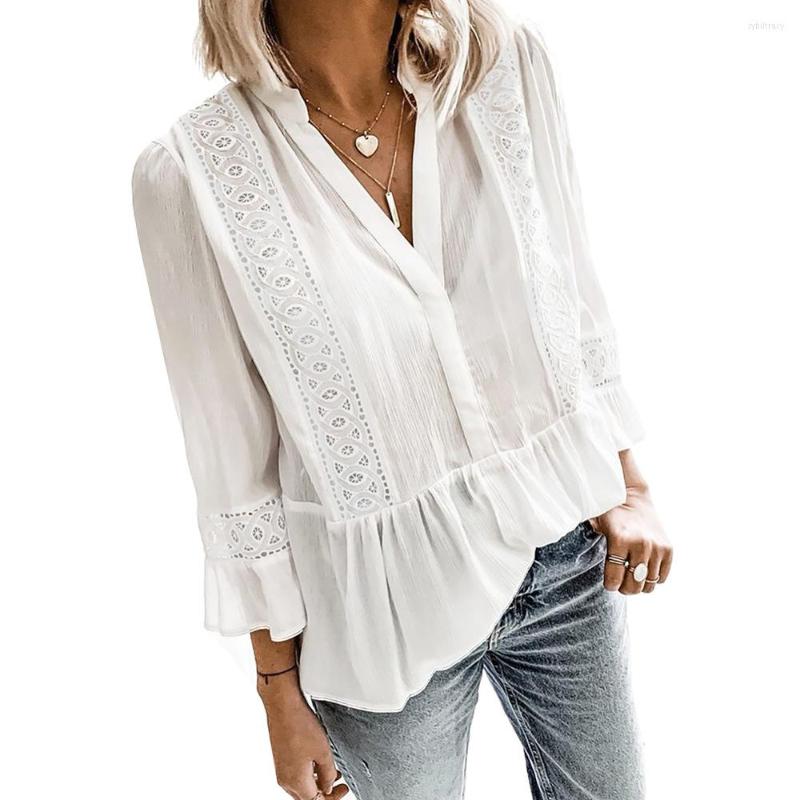 

Women' Blouses Women' Shirt Autumn Solid Color Hollow Stitching Ruffled V-neck Women, Pink