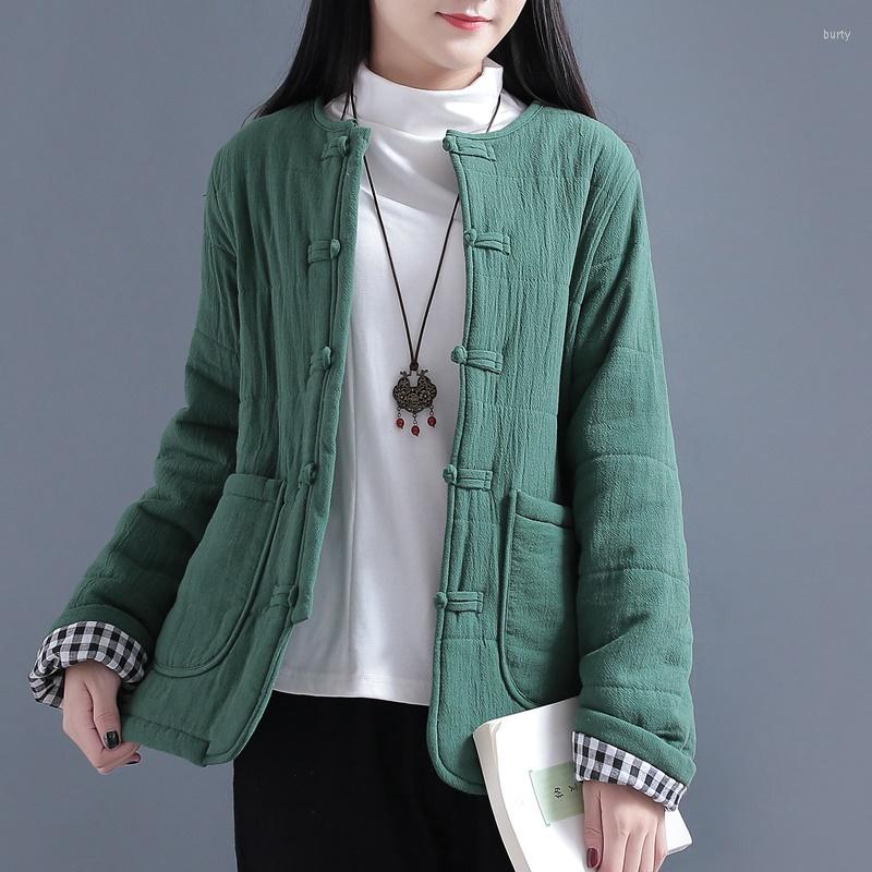 

Ethnic Clothing Arrival Autumn Winter Chinese Style Women Long Sleeve Single Breasted Quilted Warm Coats Cotton Linen Vintage Jackets KK4178