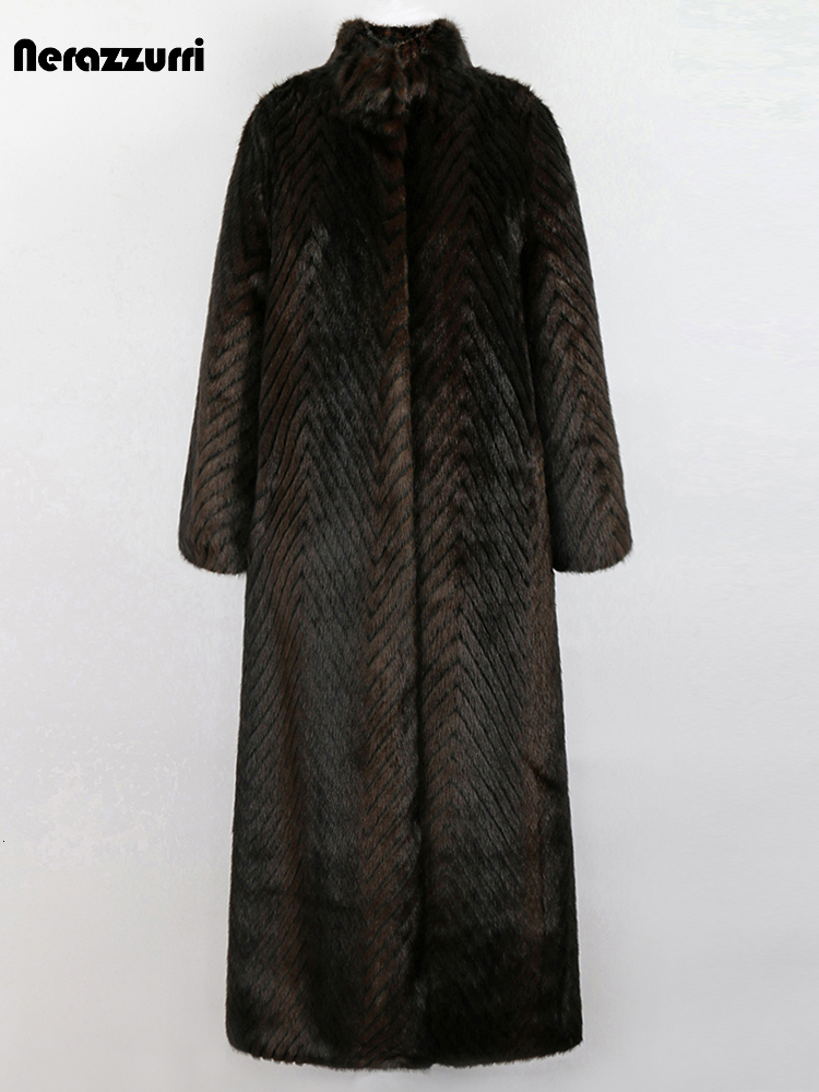 

Women's Fur Faux Nerazzurri Winter Long Thick Warm Luxury Elegant Striped Fluffy Mink Coat Women Stand Collar Maxi Overcoat 221202, Brown