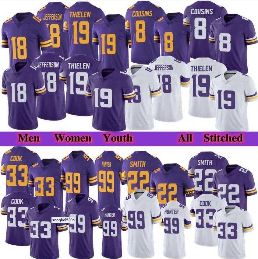 

Men women youth football 18 Justin Jefferson 33 Dalvin Cook 19 Adam Thielen Kirk Cousins Harrison Smith Danielle Hunter stitched ''nfl''Jersey, As