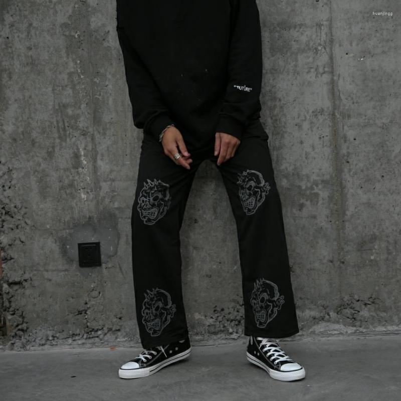 

Men's Pants ICCLEK 2022 Casual Men's High Street Retro Skull Print Straight Wide-leg Streetwear Men Mens Joggers, Black