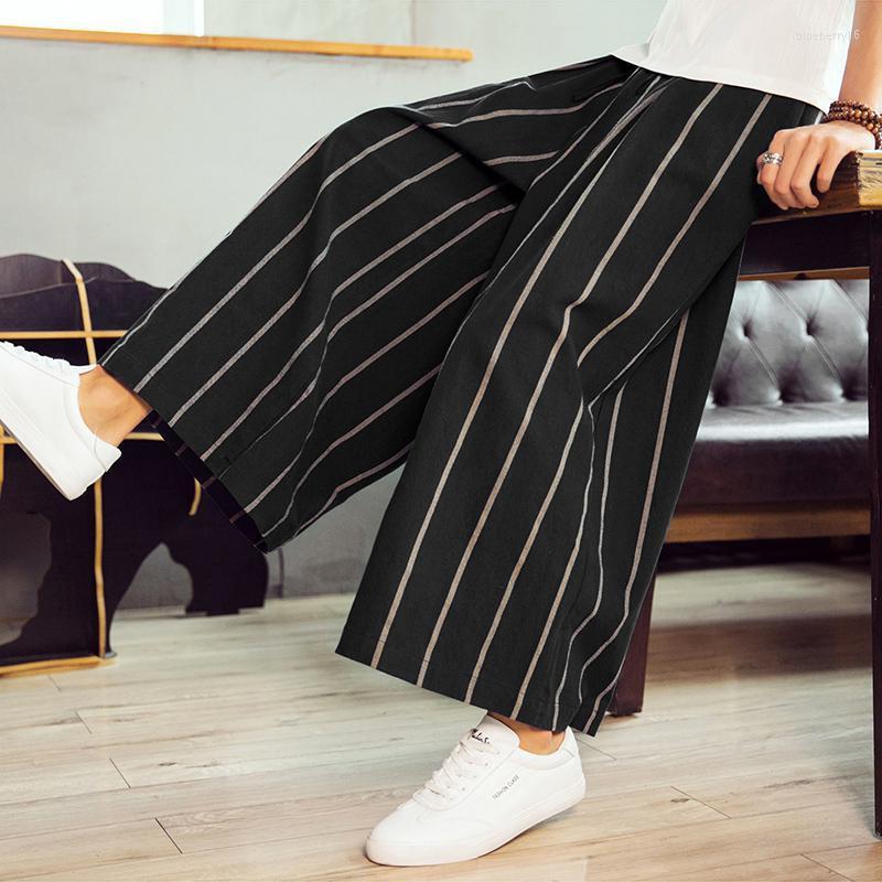

Men's Pants M-3XL Elastic Waist Wide Leg Men Japanese Streetwear Casual Striped Loose Fit Colorblock Summer Linen Trousers, Black wide leg pants
