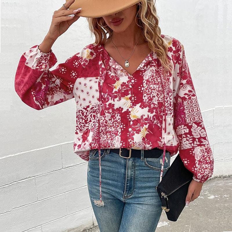 

Women' Blouses Long Sleeve Top 2022 Autumn Clothes For Women Fashion Casual Loose Printed Round Neck Lace-Up Blouse Female -XL, Picture colour