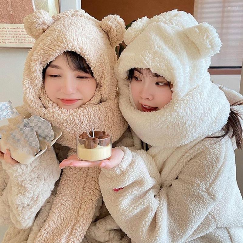 

Berets Casual Winter Hat Cute Bear Faux Fur Scarf Mask Set Plush Beanies Caps Women, White