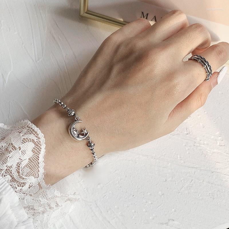 

Link Bracelets Vintage Handmade Moon Star Bracelet Thai Silver Color Beads Chain Men Women Couple Gift Jewelry