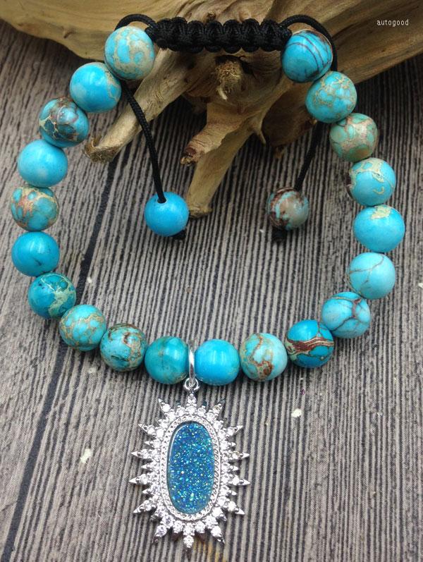 

Strand YA3063 Druzy Charm Sea Sediment Jaspers Beads Stone Cord Knotted Adjustable Bracelet