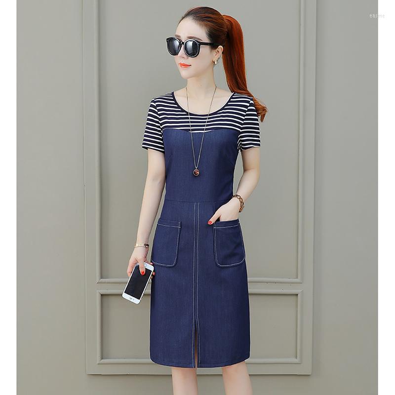 

Casual Dresses Elegant Women's Dress Women Denim 2022 Summer Round Neck Striped Splice Bodycon Vestidos 4XL K119