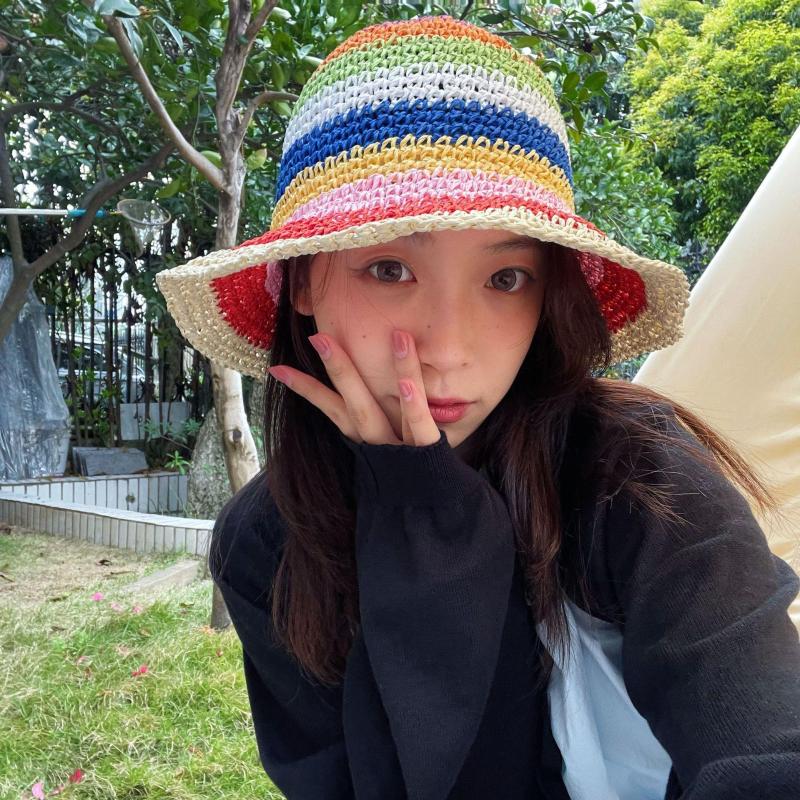 

Berets 2022 Spring And Summer Handmade Rainbow Knitted Hat Korean Version All-match Fisherman Hand Crochet Women's Sun
