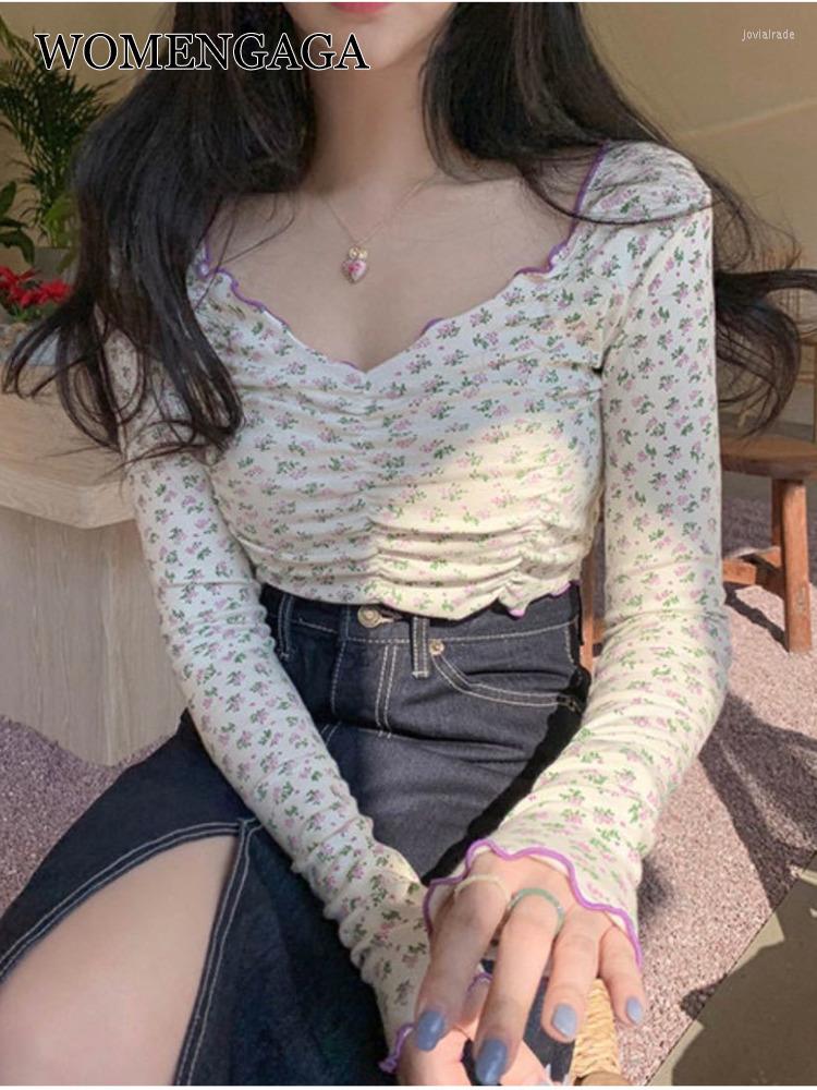 

Women's T Shirts WOMENGAGA Korea Sexy Slim Short Floral Top Spring Summer High Waist T-shirt Female Tees Sweet WV61, Black