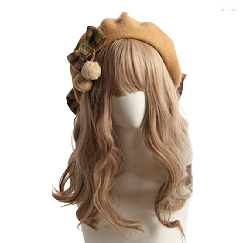 

Berets Winter Plaid Bowknot Beret Hat French Wool Big Bow Caps Retro Pompom Beanie Furry Artist Painter Hats, White