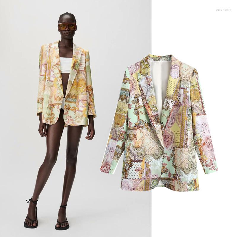 

Women's Suits Spring Summer Women Fashion With Pockets Printed Casual Blazer Coat Vintage Single Button Long Sleeve Female Outerwear Chic, Yellow