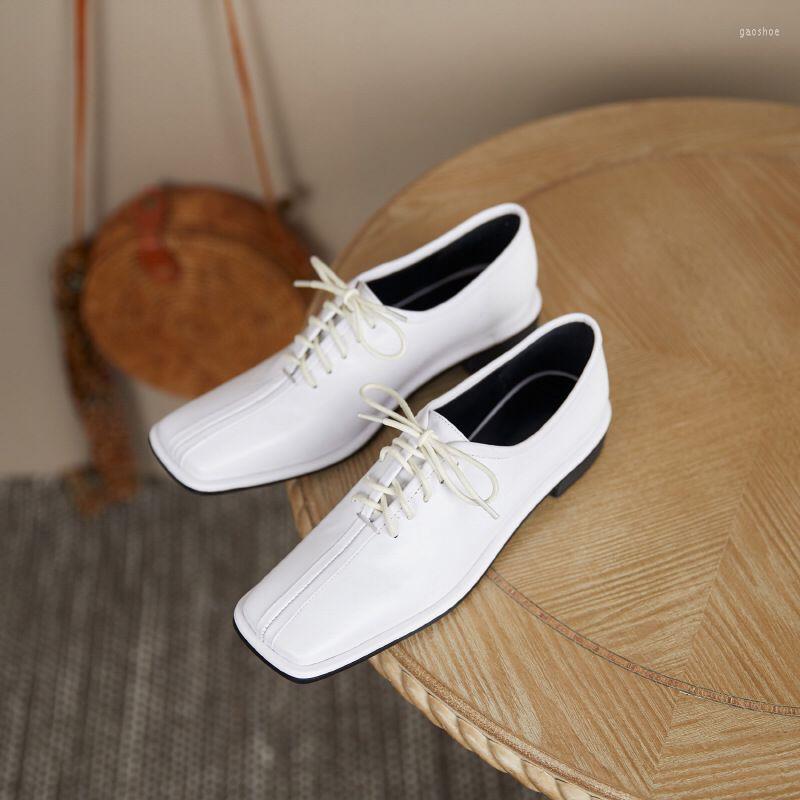 

Dress Shoes 2022British Style White Fashion Women's Leather Square Toe Lace-up, Black
