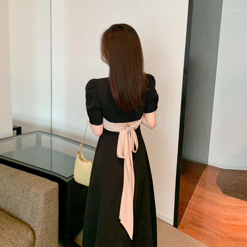 

Casual Dresses Peach Heart Hepburn Skirt Restoring Ancient Ways Back Bow Female With Short Sleeves Dress, Black