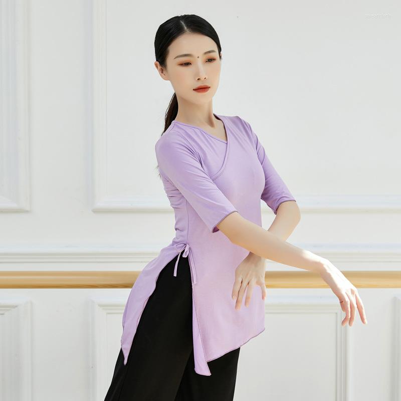 

Stage Wear Adult Modal Belly Dance T Shirt V Neck Split Asymmetric Hem Top Flare Sleeve Costume For Women Dancing Clothes Dancer, Black middle