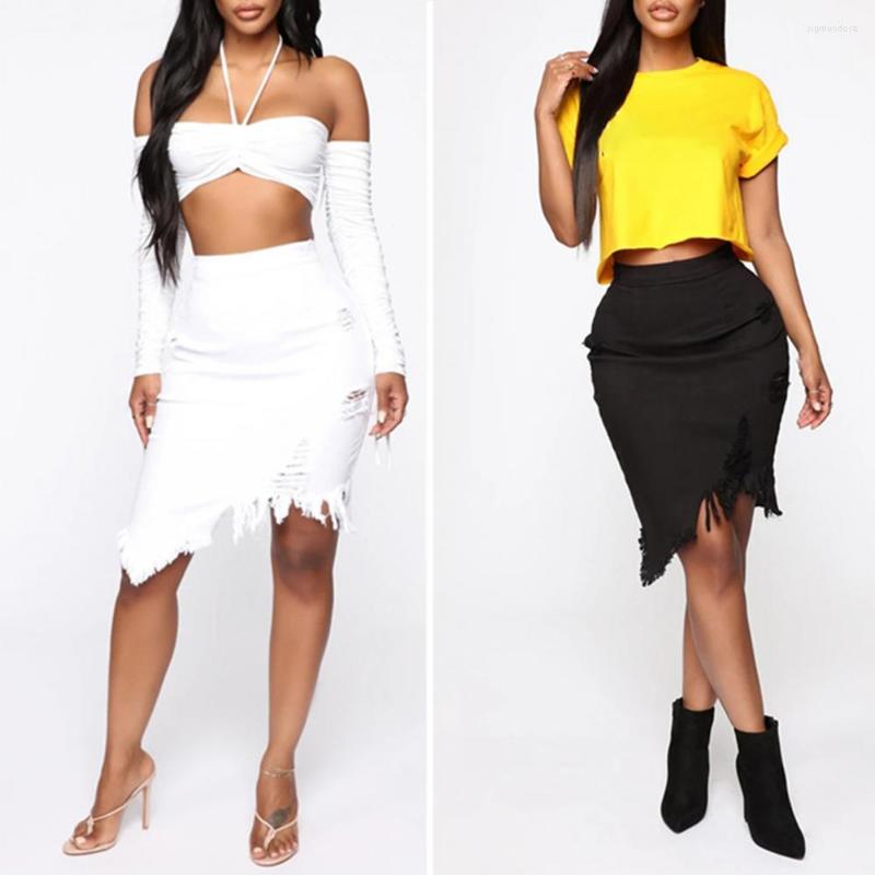 

Skirts Y2k Denim Midi Skirt Tassel Ripped Hole High Waist Women Jeans Bodycon Zipper Buttons Asymmetric Hem Pencil, Black
