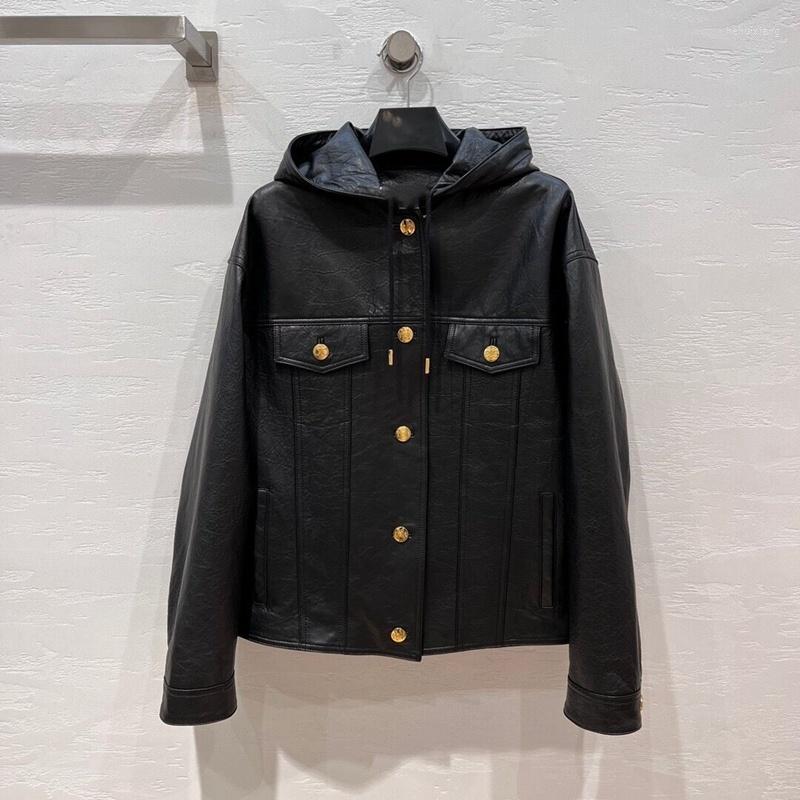 

Women' Leather Coat Women Sheepskin Hooded Jacket 2023 Fashion Natural Long Sleeve H831, Black