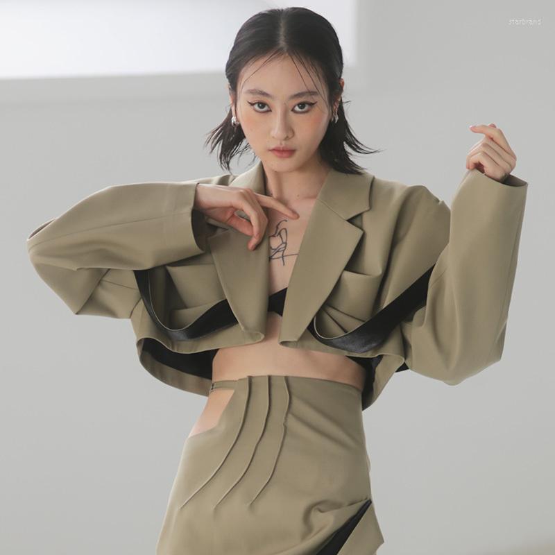 

Women' Suits SeeBeautiful Short Blazer Coat Retro Three-dimensional Folds Contrast Color Long Sleeve Women Autumn 2022 Fashion Q509, Khaki yellow