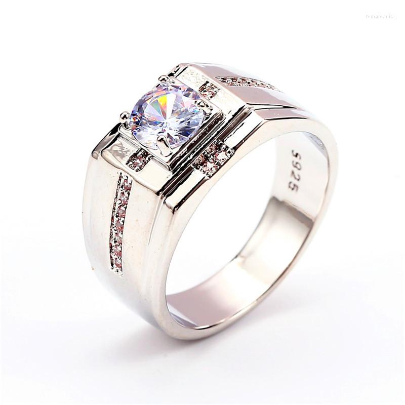 

Wedding Rings Male Female White Zircon Stone Ring Promise Silver Color Engagement Luxury Crystal Round For Women Men