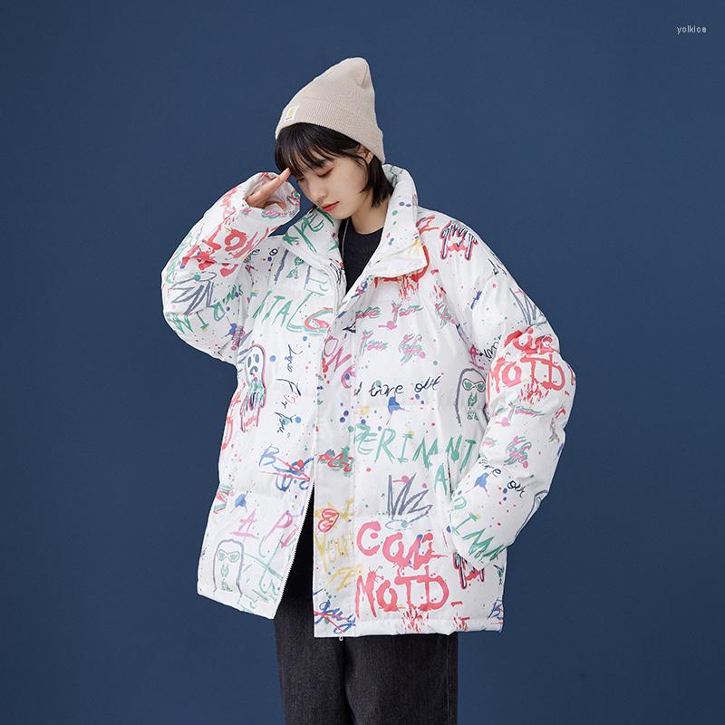 

Men's Down Colorful Letter Graffiti Puffer Jacket For Women Korean Fashion Trends Couples Clothing Teenage Oversized Winter Coat Streetwear, White