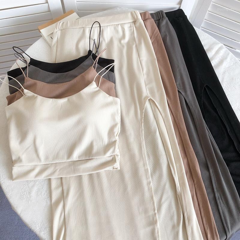 

Work Dresses 2022 Summer Fashion Suit Chest Cushion Short Suspender Vest Split Medium Long Hip Wrap Skirt Elegant Ladies Two Piece Set