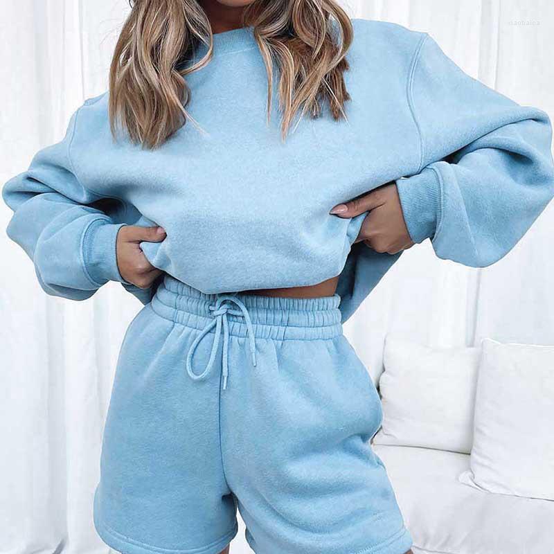 

Women' Tracksuits Fashion Round Neck Long O-Neck Sleeve Pullover Sweater Shorts Set Two-piece Loose Casual Top Women' Sportswear, Beige