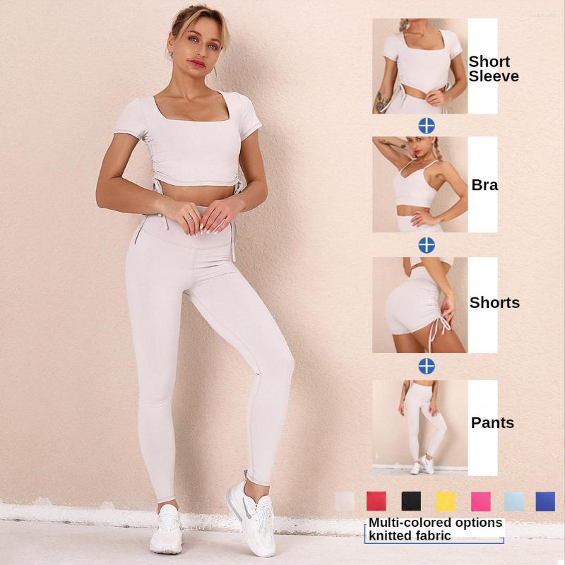 

Active Sets 2 Piece Set Seamless Nude Solid Color Drawstring Yoga Athletic Women Sports Running Workout Top Fitness Leggings Pants, Shirts-blue