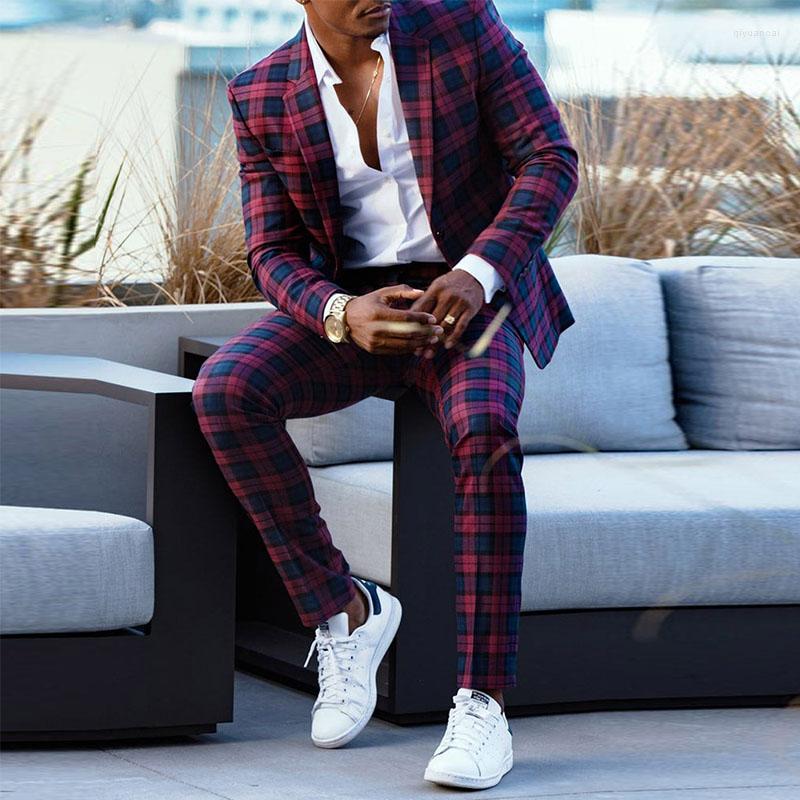 

Men's Suits Fashion For Men Burgundy Spring And Autumn Blazers Smart Casual Single-breasted Back Split Plaid