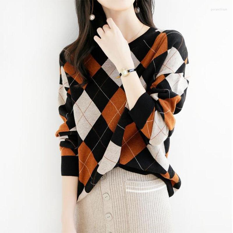 

Women's Sweaters Korean Fashion Argyle Panelled Long Sleeve O-Neck Spring Autumn Loose Pullovers Vintage Casual Women Knit Sweater, Coffee