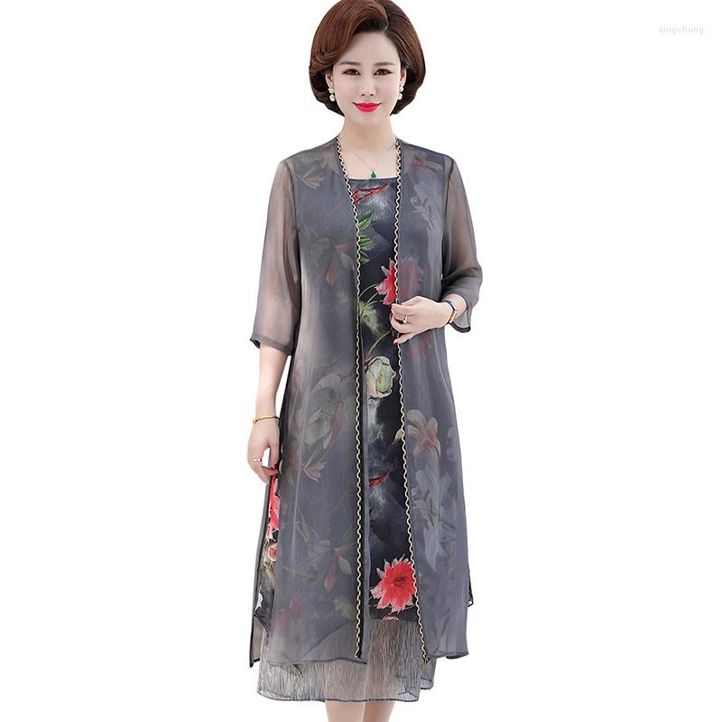 

Casual Dresses High Quality Women's Dress 2022 Summer Middle-Aged Lady Long Print Elegant 2 Pcs Sets Mother Vestidos, Gray