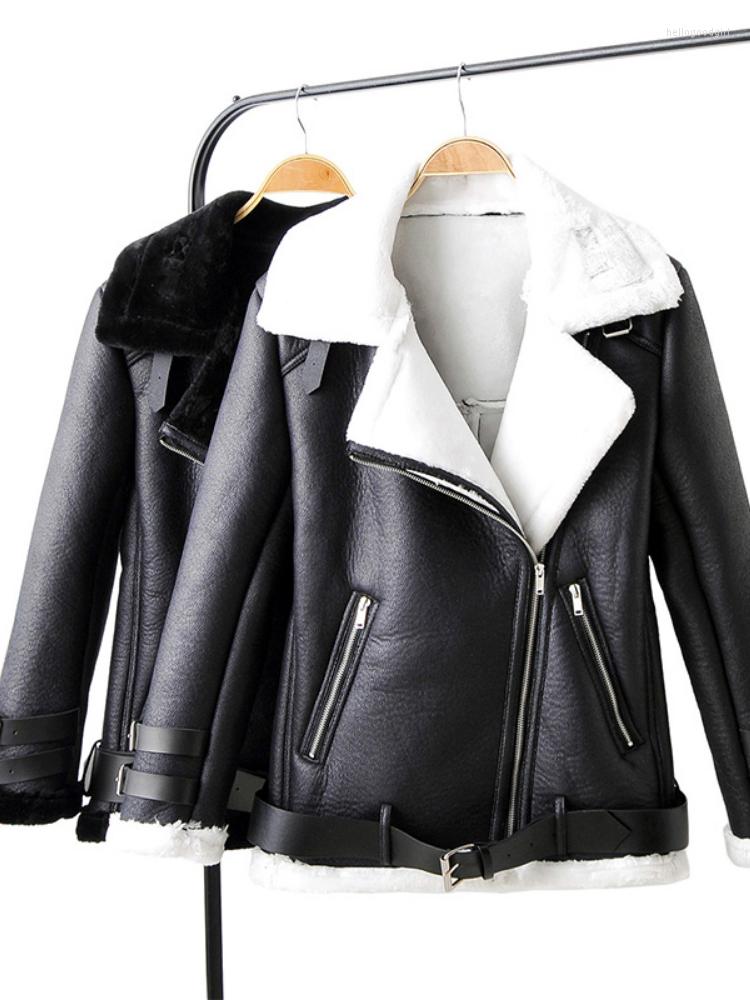 

Women' Leather FTLZZ Winter Motorcyle Biker Thick Warm Outerwear Women Fashion Faux Lamb Jacket Turn Down Collar Sheepskin Pu Coat, Beige
