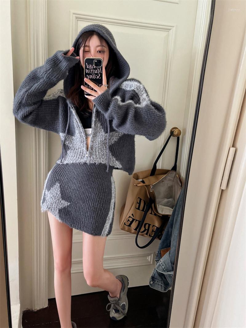 

Work Dresses Women Two-piece Suit Long Sleeve Hooded Zipper Knitted Cardigan Short Sweater Coat High Waist Skirt Fashionable Female Clothes