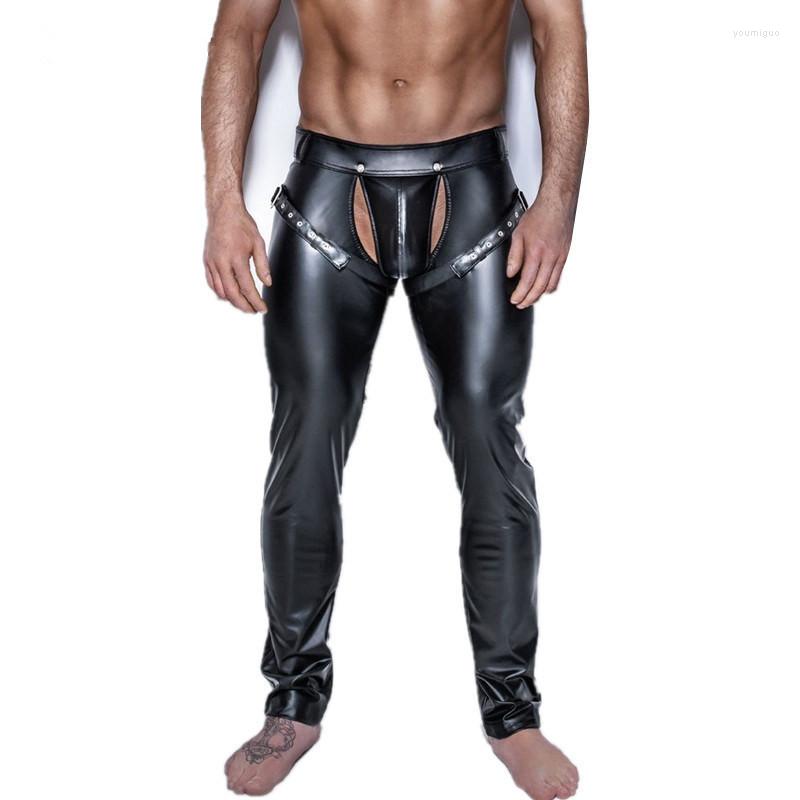 

Men' Pants Mens PU Leather Wet Look Long Gothic Punk Trousers Stage Dance Clubwear Front Open Male Performance Sexy Costumes, Black