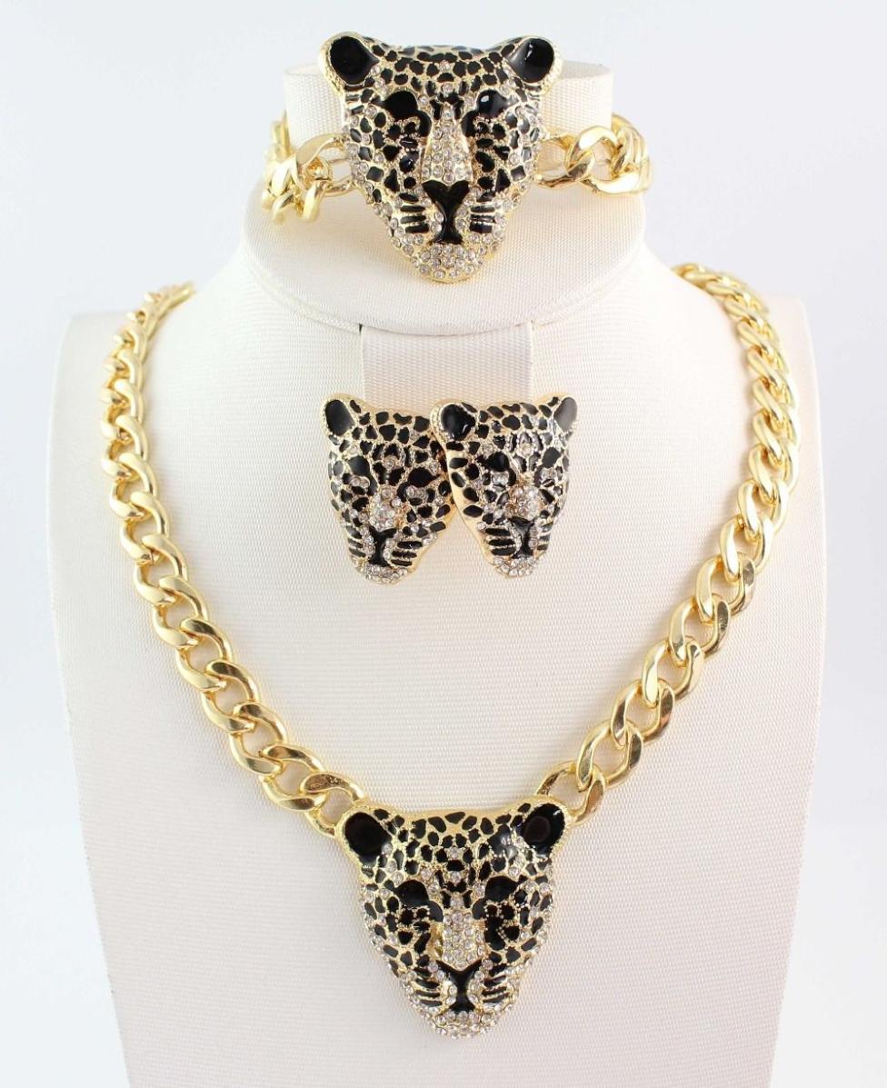 

Women Gold Plated Leopard Crystal NecklaceBraceletsEarring Jewelry Set8139480, Goden